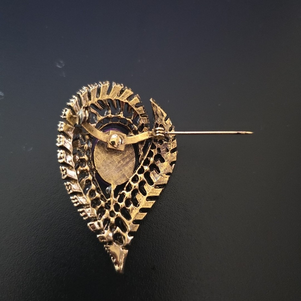 Vintage Purple Teardrop Oval Elegant Gold Tone Petal Brooch Pin - Picture 5 of 9
